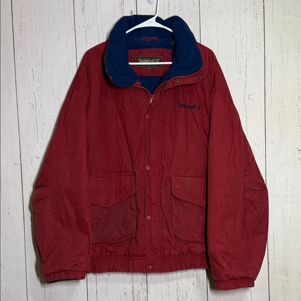 Vintage 90s Timberland Red Blue Fleece Lined WeatherGearWaterProof Cargo Coat XL